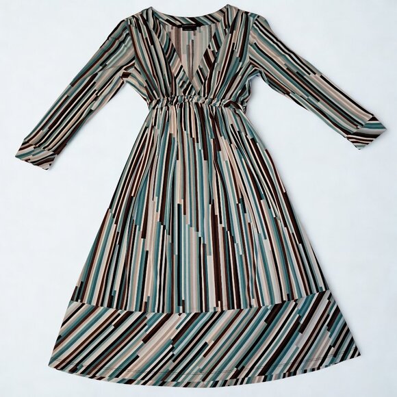 BCBG Max Azria Womens Blue Brown White Striped Dress Size Large - Picture 1 of 7